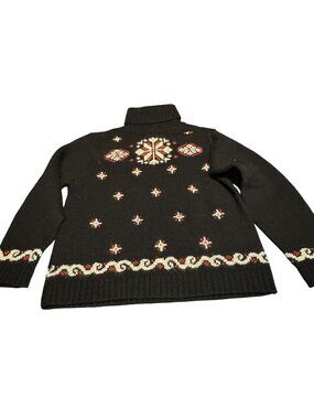 Nordic Design Womens Black Turtleneck Sweater With Red & White Snowflake Pattern